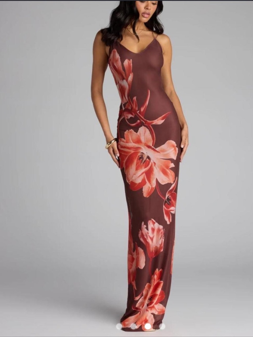 Brown Floral Slip Maxi Dress - red floral